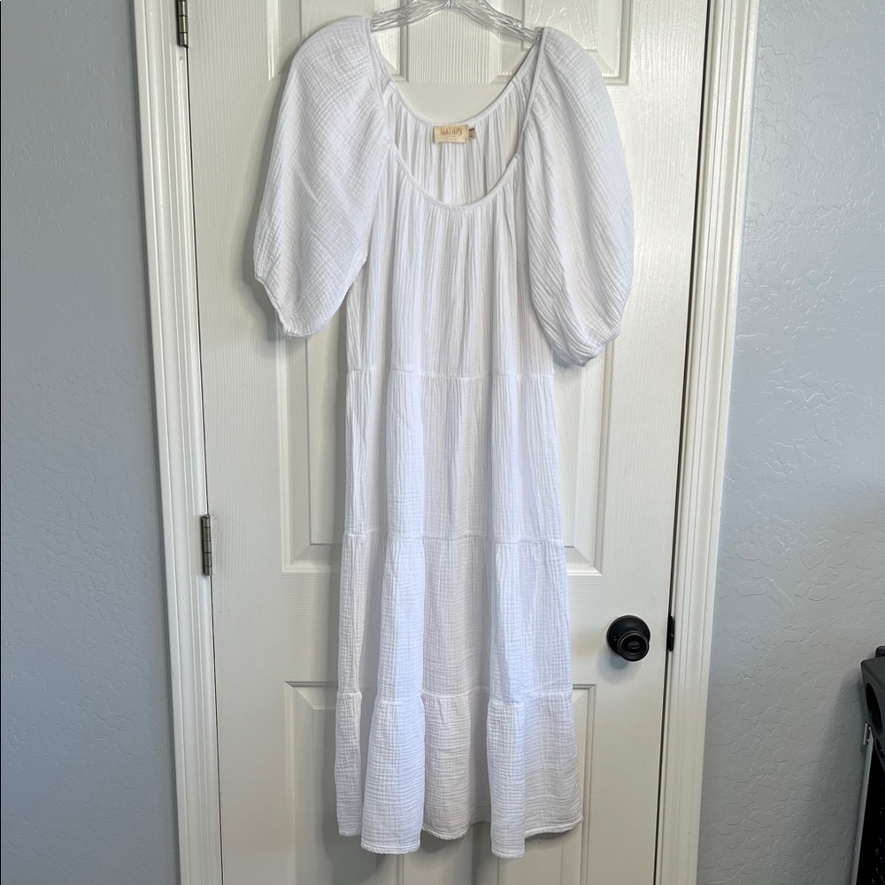 Nation LTD Mindy dress white puff sleeve midi dress small made in USA - Picture 3 of 9